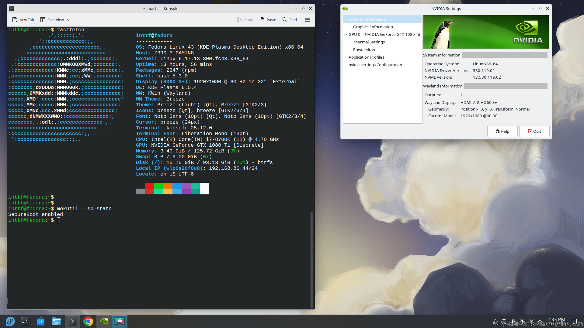 NVIDIA 580.119.02 Drivers on Fedora 43 with Kernel 6.17.13 Wayland + Secure Boot enabled - NVIDIA GeForce GTX 1080Ti