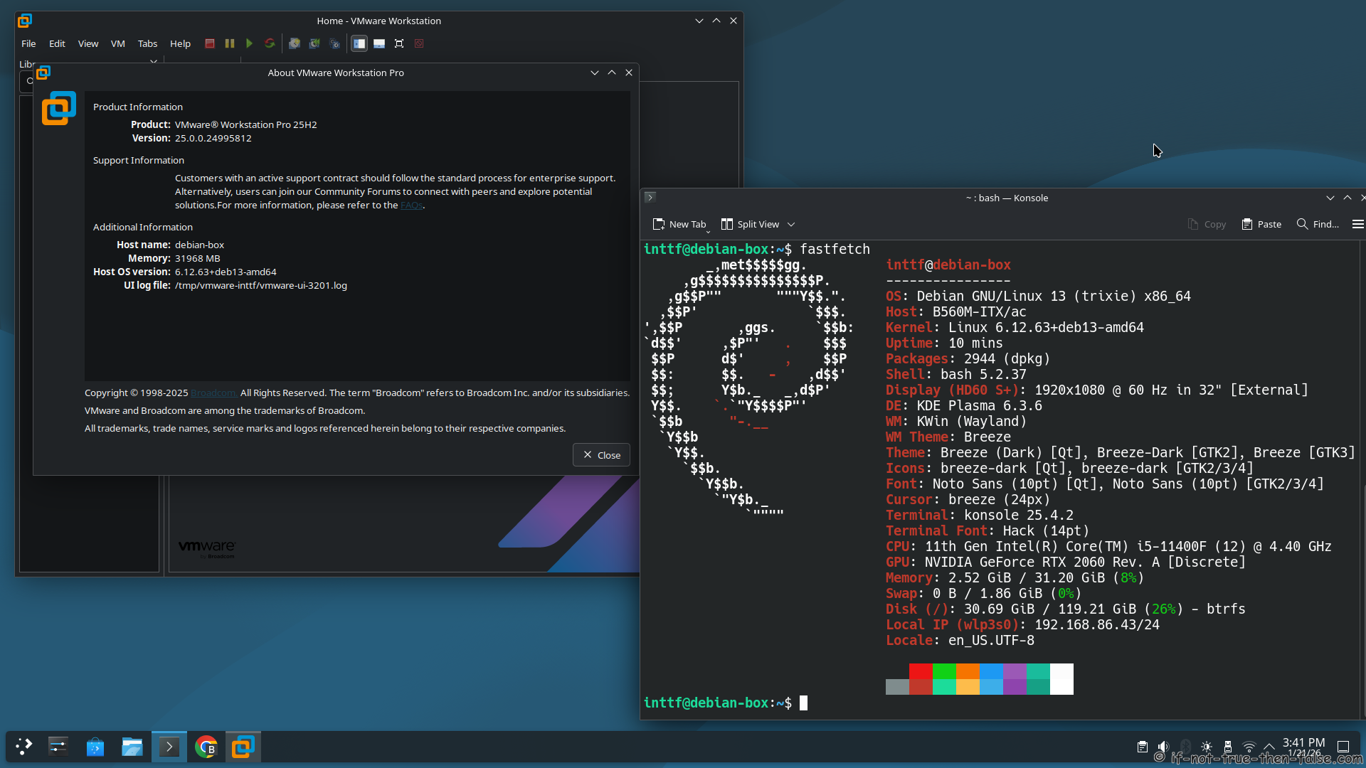 VMware Workstation Pro 25H2 running on Debian 13